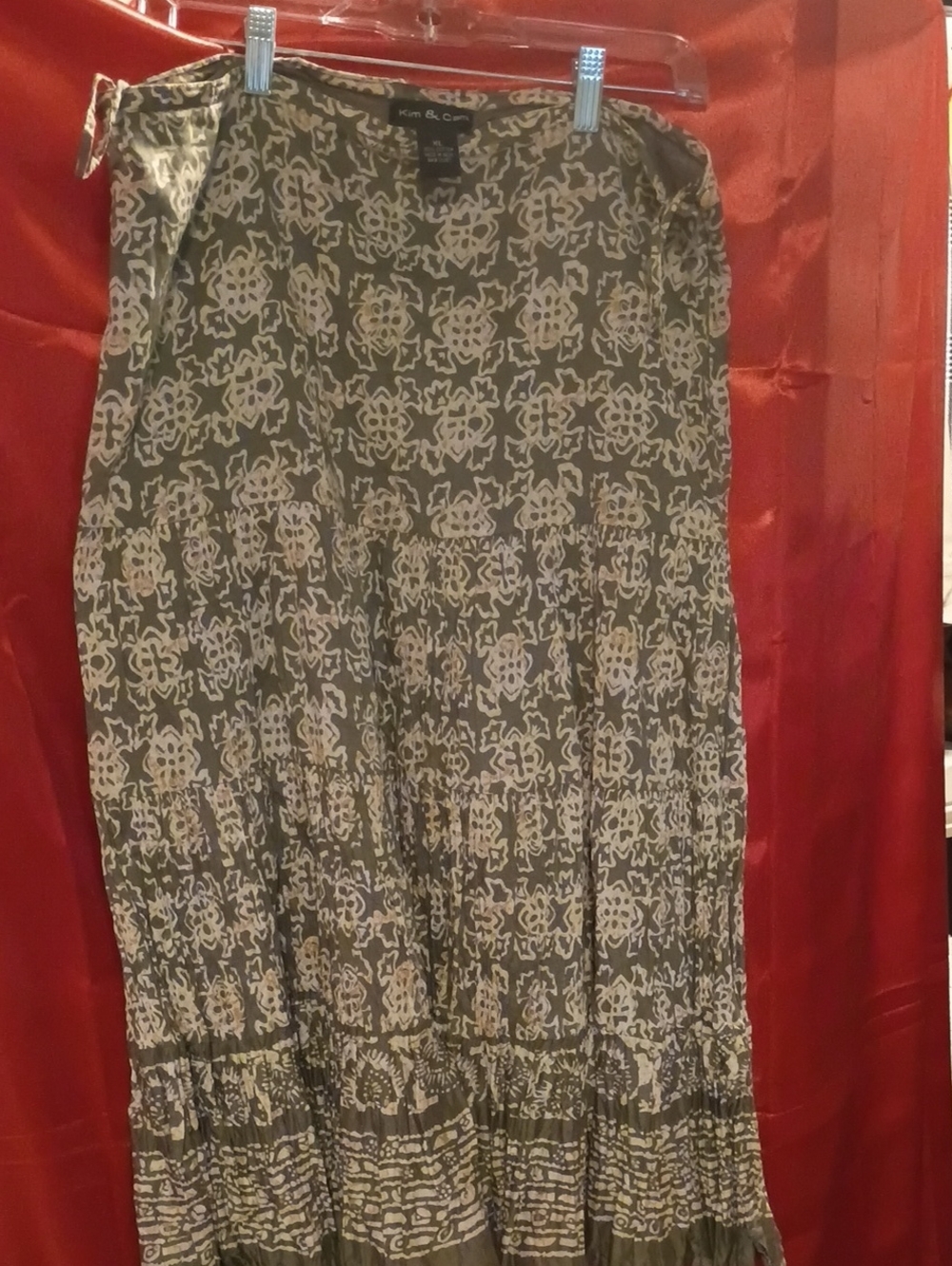 Kim & Cami Olive and Cream Printed Tiered Maxi Skirt